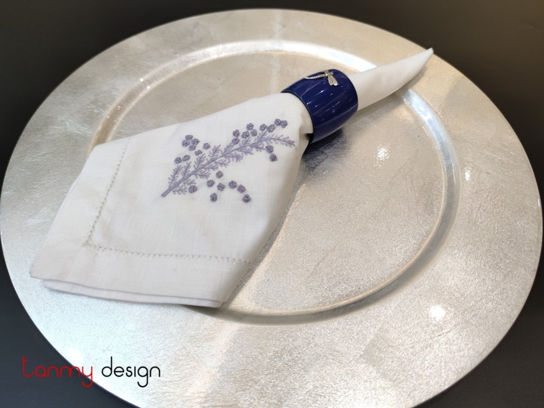 Set of 6 dark blue napkin rings attached with dragonfly